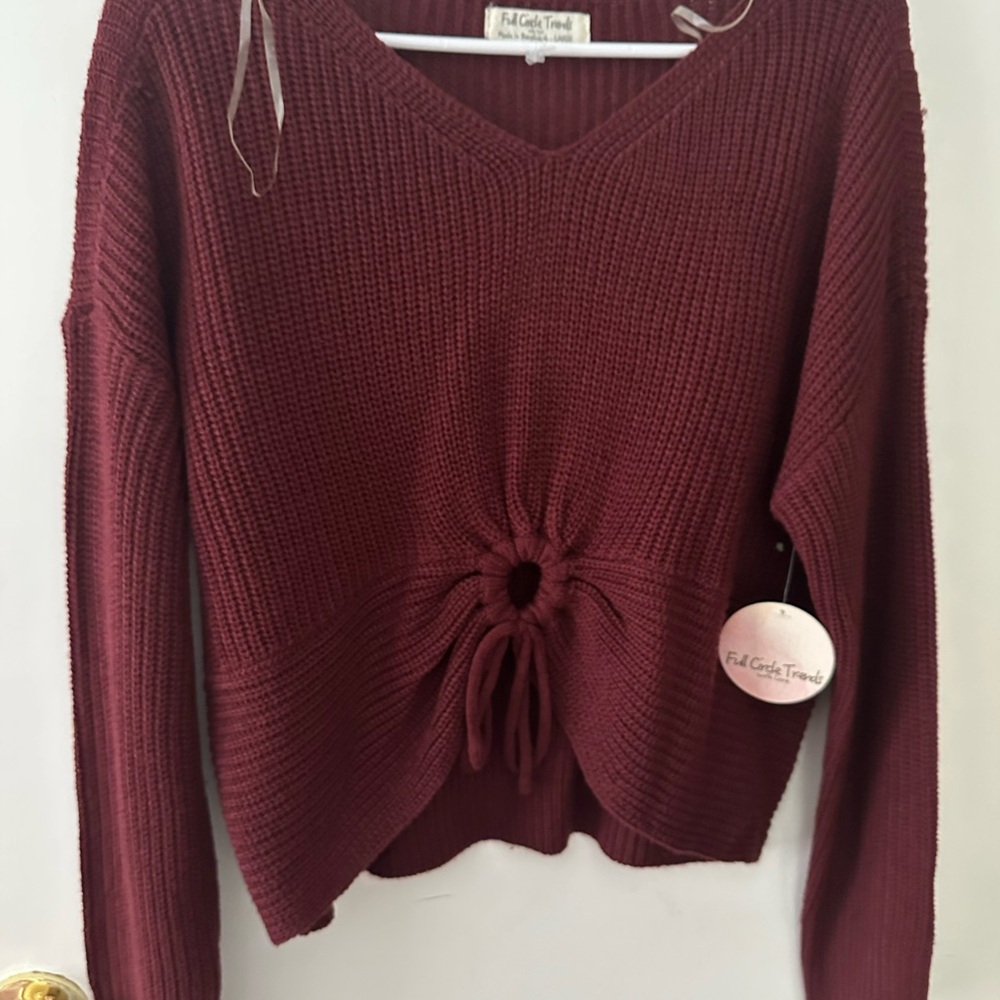 Burgundy Knit Sweater with Drawstring Detail